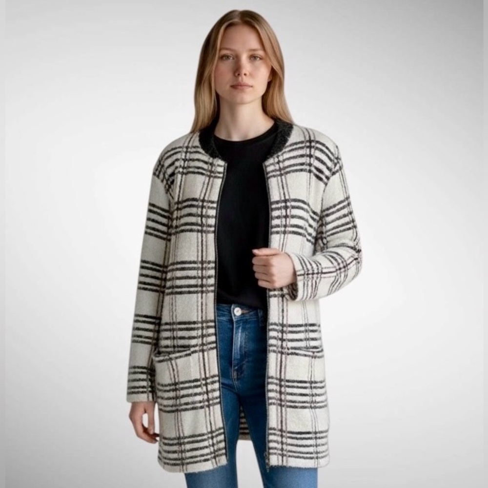 Sanctuary Ivory Eyelash Windowpane Sweater Coat Zip-Front Long Sleeves